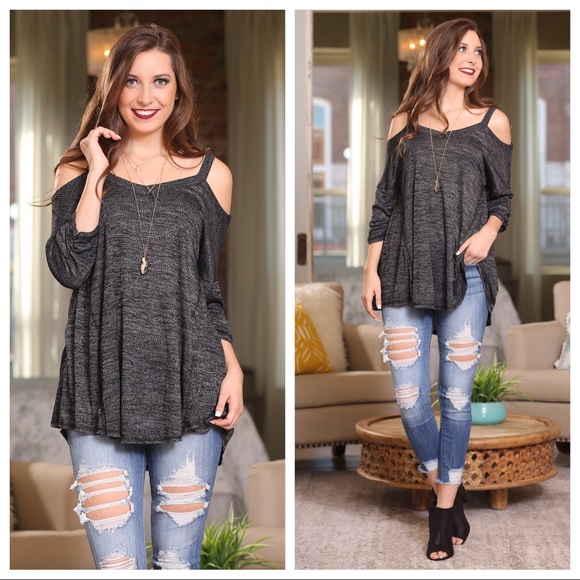 Infinity Raine Tops - Black/Gray Cold Shoulder Ribbed Knit Tunic